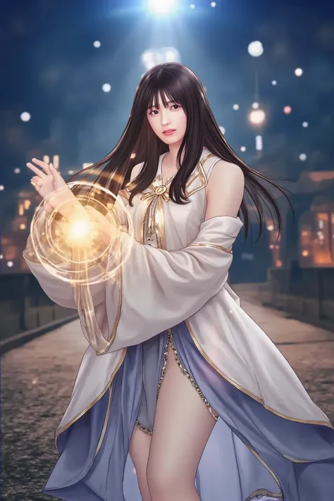 "A young Japanese woman dressed in an elegant sorceress outfit, casting a powerful magical spell with glowing energy swirling around her hands. The background is a mystical landscape filled with floating lights and ancient ruins. She has a determined yet g...