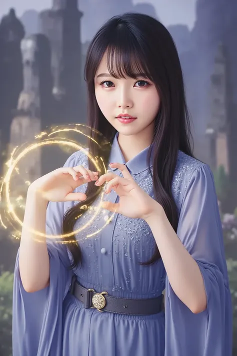 "A young Japanese woman dressed in an elegant sorceress outfit, casting a powerful magical spell with glowing energy swirling around her hands. The background is a mystical landscape filled with floating lights and ancient ruins. She has a determined yet g...