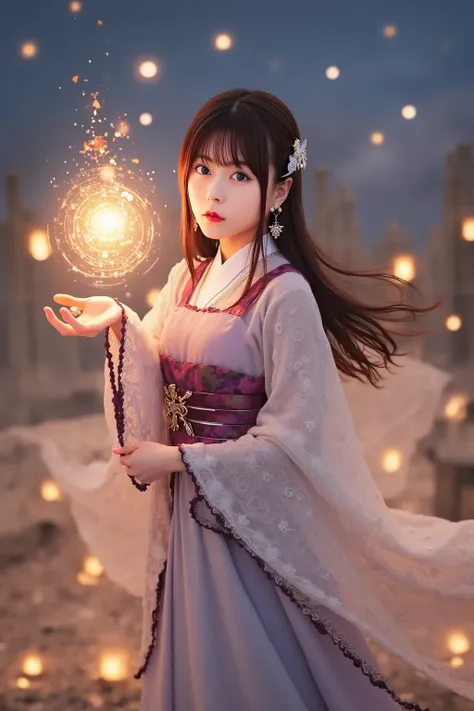 "A young Japanese woman dressed in an elegant sorceress outfit, casting a powerful magical spell with glowing energy swirling around her hands. The background is a mystical landscape filled with floating lights and ancient ruins. She has a determined yet g...