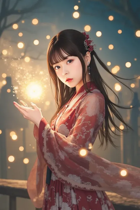 "A young Japanese woman dressed in an elegant sorceress outfit, casting a powerful magical spell with glowing energy swirling around her hands. The background is a mystical landscape filled with floating lights and ancient ruins. She has a determined yet g...