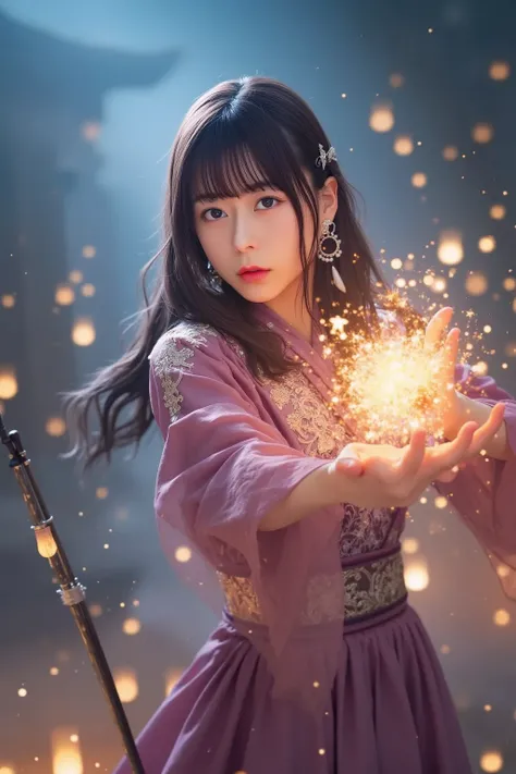 "A young Japanese woman dressed in an elegant sorceress outfit, casting a powerful magical spell with glowing energy swirling around her hands. The background is a mystical landscape filled with floating lights and ancient ruins. She has a determined yet g...