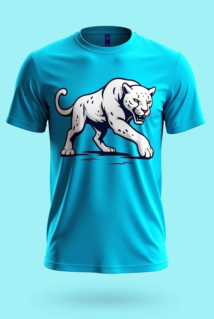 Create a third-year t-shirt with the color turquoise blue and the mascot a white jaguar, front and back blouse 