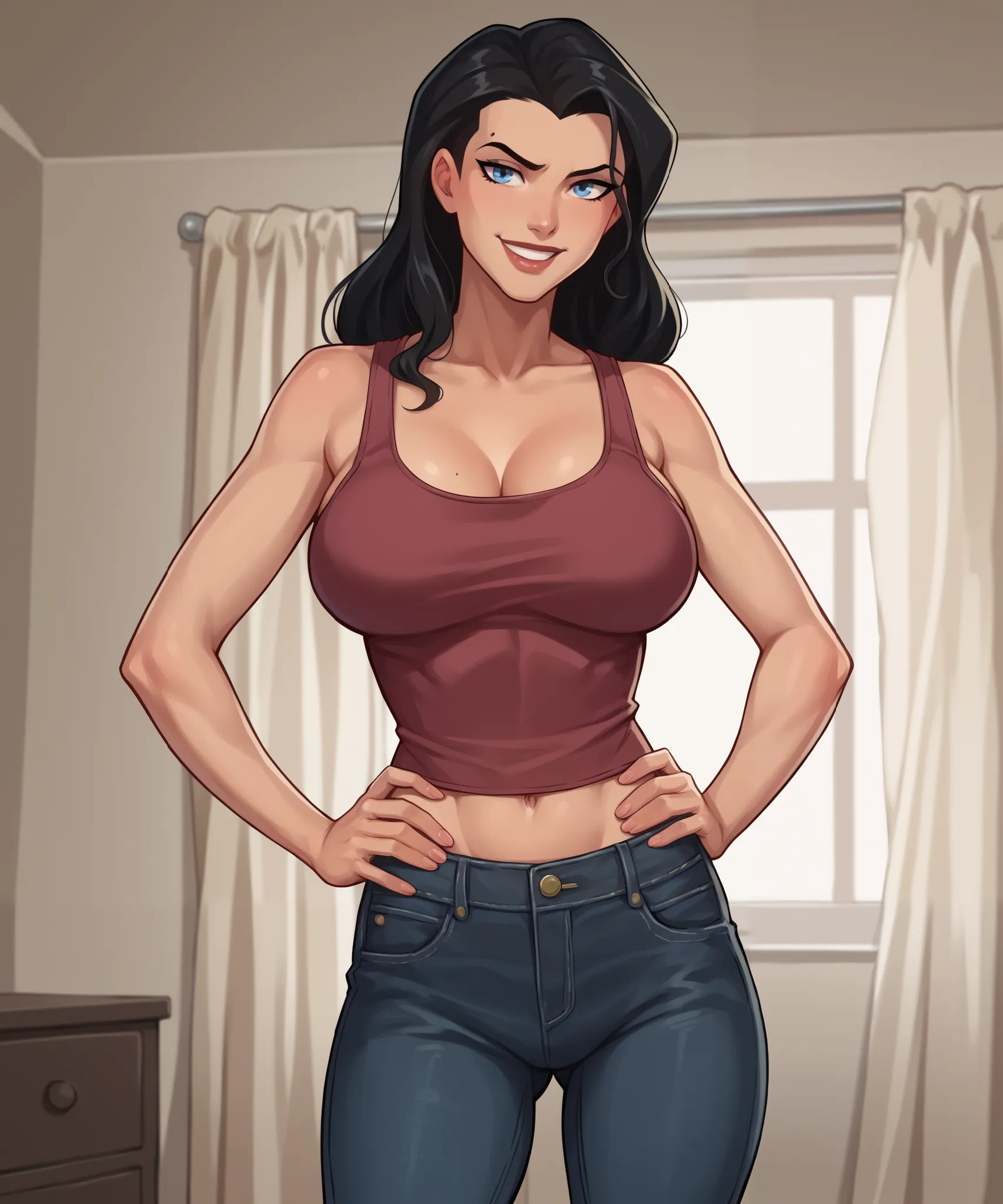 safe_pos, PonyXLV6_Scores BREAK ((parody style, parody), perfect anatomy, perfect eyes, cowboy shot), BREAK zatanna, black hair, blue eyes, flirting, raised eyebrow, ((looking at viewer)), dark pink tank top, black jeans, curvy, toned, athletic, large brea...