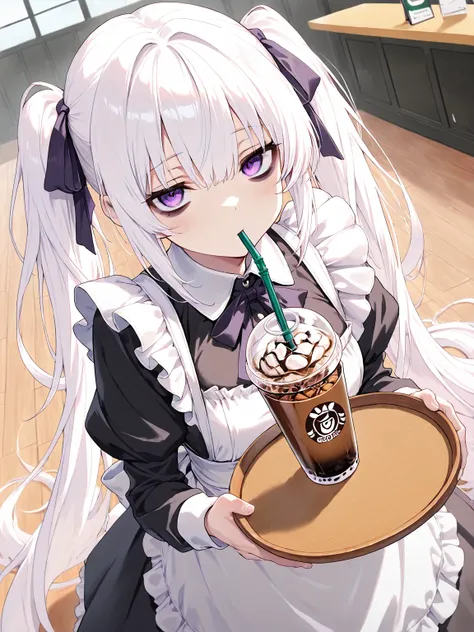 1girl, white hair, very long hair, twintails, purple eyes, looking at viewer, bags under eyes, maid, frills, hair ribbon, iced coffee, holding, drinking straw, holding tray, holding iced coffee, drinking, drinking straw in mouth, dynamic angle,, (masterpie...