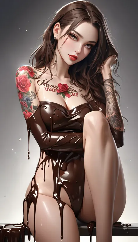 Ultra high resolution illustration, beautiful adult woman wet with melted and dripping chocolate, with the words "Happy Valentine's Day" {x} ((tattooed all over her body)), seamless melted, beautifully detailed shot, beautiful eyes with fine details, beaut...