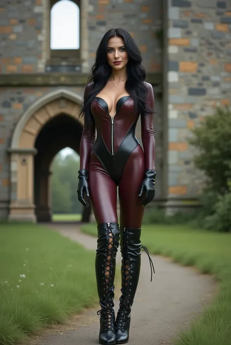 Choene woman 35 years old   . wise skin color .     long black hair    .  black leather pants  .   Burgundy latex body with fully open zipper  ,    very large bare breasts    . Focus boots!!  black high-heel overknee boots .     leather gloves.    Big blue...