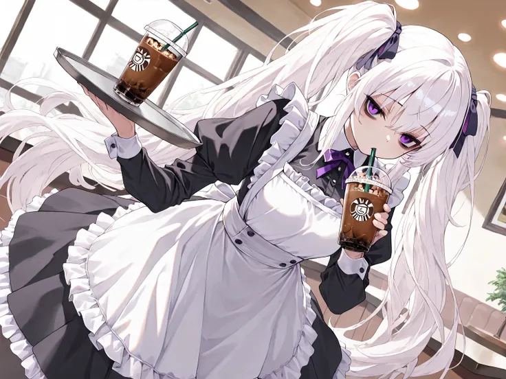 1girl, white hair, very long hair, twintails, purple eyes, looking at viewer, bags under eyes, maid, frills, hair ribbon, iced coffee, holding, drinking straw, holding tray, holding iced coffee, drinking, drinking straw in mouth, dynamic angle,, (masterpie...