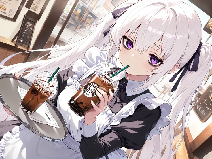 1girl, white hair, very long hair, twintails, purple eyes, looking at viewer, bags under eyes, maid, frills, hair ribbon, iced coffee, holding, drinking straw, holding tray, holding iced coffee, drinking, drinking straw in mouth, dynamic angle,, (masterpie...