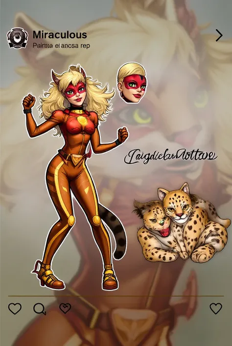 Personagem de Miraculous Lady Bug. Carrier of Miraculous by Caracal.  Heroic character wearing clothes based on the lynx. Lynx-themed character. Character with Blonde Hair and Green Eyes. Steal the color of a puma. Mask that covers just around the eyes. Co...