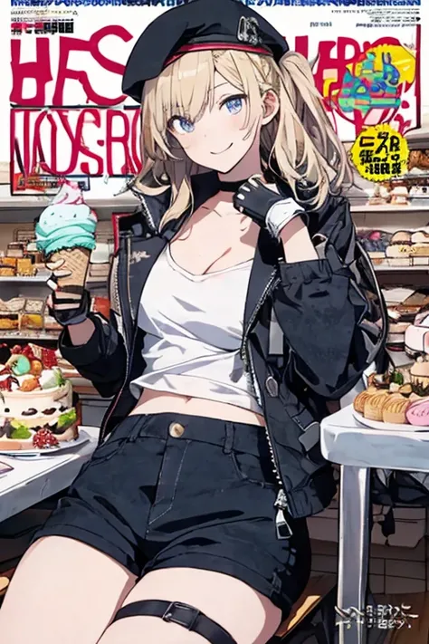 (from below:1.2),(from side:0.9), ((cute Face)), (Close-Up:0.6), ((looking at viewer, holding a icecream)),(Italian sweets magazine cover:1.4), highest quality、(real、photorealistic:1.5),(ultra high resolution,blondes hair,long hair,side ponytail,hair betwe...