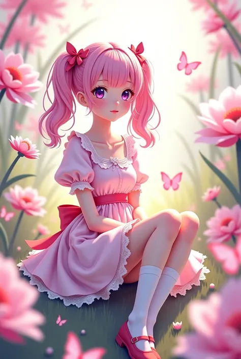 "4K anime style quality, digital drawing mode, a youthful and delicate woman with pastel pink hair styled in pigtails, violet eyes, and porcelain skin, wearing a babydoll dress with lace frills and ribbons, paired with knee-high socks and mary jane shoes, ...