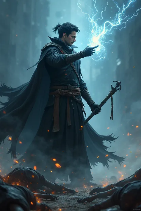 Anime style The mage stands sideways with one hand extended forward, conjuring dark magic. His cape flows behind him, and his glowing eyes stare menacingly at his target. His other hand grips a twisted staff or a curved dagger. Tall and lean, with sharp, i...