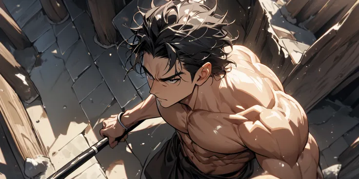 1man, monk, muscular man, black hair, short hair, messy hair, abs, drom above, high quality, fighting stick, from above, nice perspective, from above