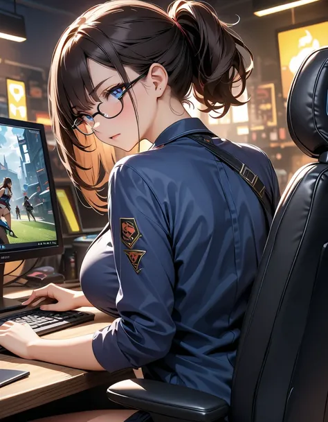 (( Masterpiece)),  top quality,  SUPER DETAILS,  Hi-Res,  extremely detailed CG integrated 8K wallpaper, HQ_HDR, (((wear glasses))), ( attractive female teacher with big breasts), ((Get hooked on online games night after night)), ( sitting in a gaming chai...