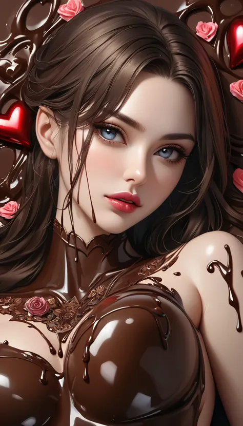 Ultra high resolution illustration, beautiful adult woman wet with melted and dripping chocolate, with the words "Happy Valentine's Day" {x} ((tattooed all over her body)), seamless melted, beautifully detailed shot, beautiful eyes with fine details, beaut...