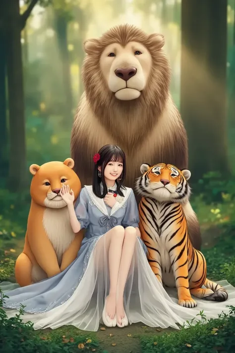 "A young Japanese woman in a fantasy-style outfit, sitting peacefully with a majestic lion, a powerful bear, and a fierce yet friendly tiger. They are all relaxed, showing deep trust and friendship. The setting is a lush enchanted forest with soft glowing ...