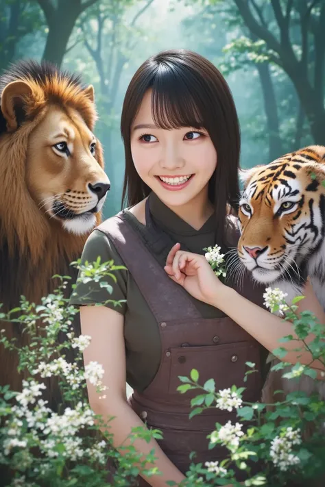 "A young Japanese woman in a fantasy-style outfit, sitting peacefully with a majestic lion, a powerful bear, and a fierce yet friendly tiger. They are all relaxed, showing deep trust and friendship. The setting is a lush enchanted forest with soft glowing ...