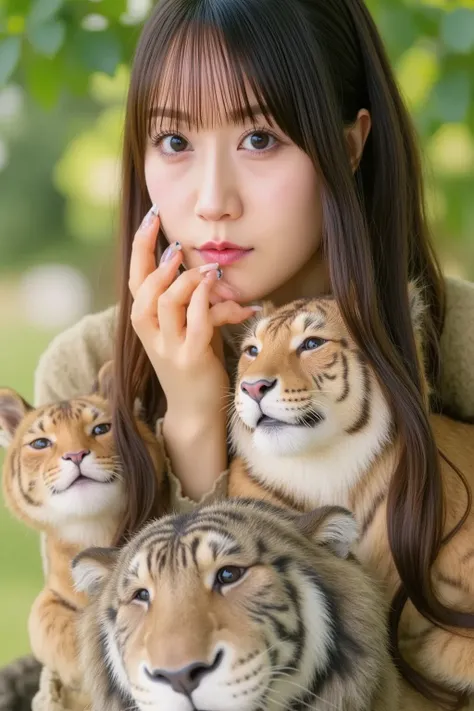 "A young Japanese woman in a fantasy-style outfit, sitting peacefully with a majestic lion, a powerful bear, and a fierce yet friendly tiger. They are all relaxed, showing deep trust and friendship. The setting is a lush enchanted forest with soft glowing ...