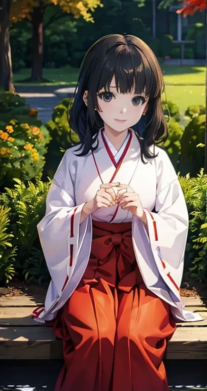 Momoko  ( million people live),  in the seat, Alone, , On,  small, cute girl,、, plant, Alone,   jewelry,  earrings, potted plant,   black hair,  dress,  Watch Viewers ,Platycodon grandiflorum,Shrine maiden,  kimono,  kimono,  hakama skirt,  wide sleeve ,  ...