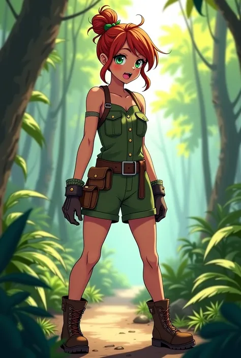 "4K anime style quality, digital drawing mode, a spirited and adventurous woman with auburn hair tied in a messy bun, green eyes, and tanned skin, wearing a utility dress with multiple pockets, a belt, and sturdy boots, standing in a dense rainforest with ...