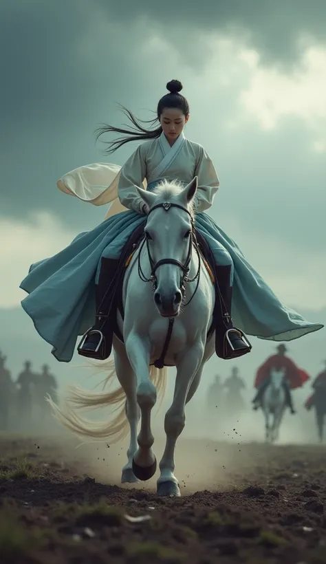  korean girl,  ties two hair, Wear a Hanbok dress, White Horseback Riding, Running,On the battlefield ,  Dark Atmosphere