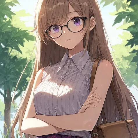 ((Masterpiece, best quality)), JK, intricate details, light freckles, glasses, long light brown hair, purple eyes, sleeveless white collared shirt, purple pleaded skirt, ((long swept bangs)), tall weeds, fliers, hair blowing in wind, dusk, light particles,