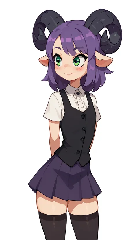 One, ram guy best quality , sheep horns , Ultra-detailed illustration , green eyes, warm colors,  perfect lighting  , ,  Woman's face and body  , длинные hair,  purple hair , skirt,  long black stockings, black vest ,  white shirt , lowered smile , blushin...