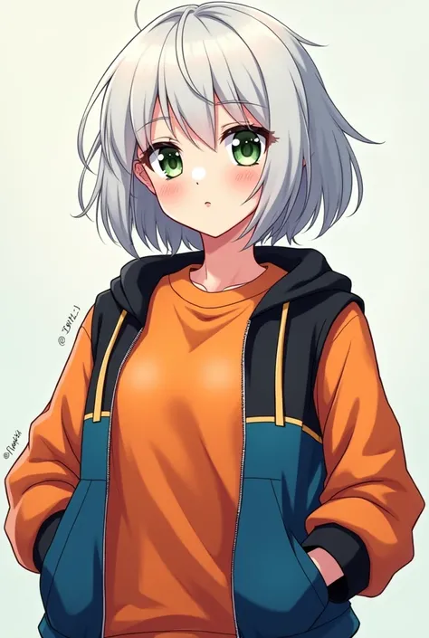 Une image de dessin animé, d'une femme à la peau blanche au cheveux court, avec un oeil vert et un oeil marron, portant un sweat orange et une veste noir et bleu 