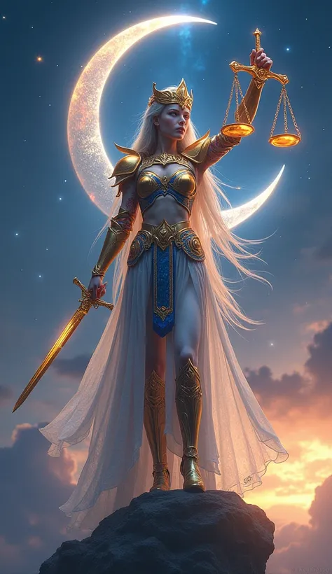 A celestial female warrior embodying the Libra zodiac, standing gracefully atop an ethereal floating temple, suspended between the realms of light and shadow. Her armor is an exquisite blend of polished gold and deep sapphire, adorned with intricate patter...