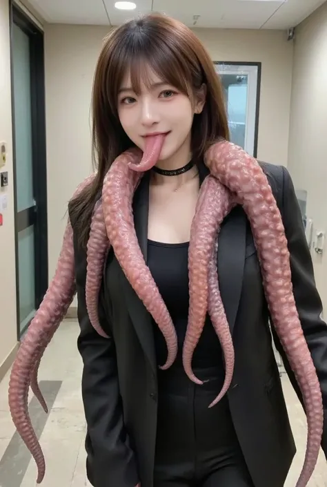   top quality、 Masterpiece、SF,    surreal,   Panic Movie、group、 Vivid pictures of people with tentacles,   full body photo、(   business suit  ),    Beautiful Women Who Changed Their Arms to Tentacles   、  big breasted, ((    Layered Haircut  )),（8k，  top q...