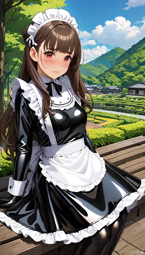 ２５ A young Japanese woman 、( beautiful face)、(Black latex maid outfit)、 I'm wearing a black latex long skirt、 black latex long sleeve shirt 、Black latex gloves、  black latex tights 、white waist-length apron 、  latex is very shiny  、Outdoors, long hair,  br...