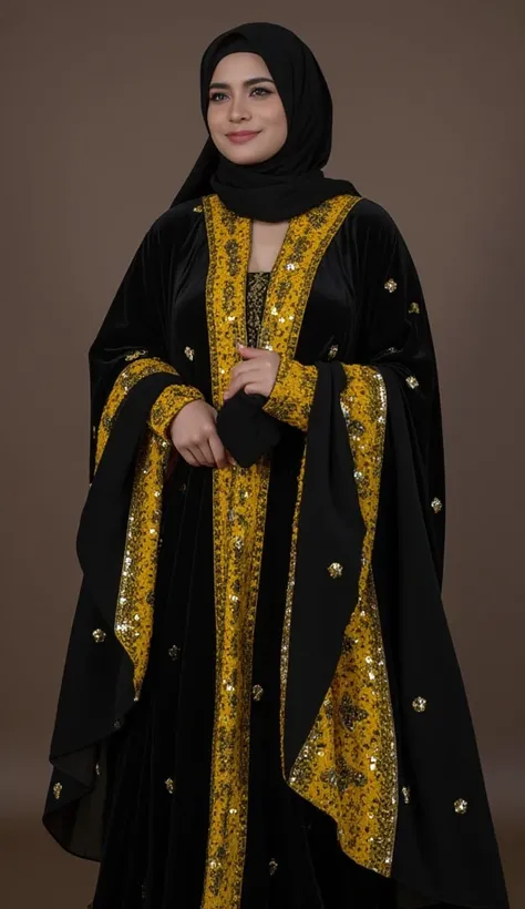 Lady in hijab lebanese arabic abaya luxury shiny black and yellow sequins and natural breasts showing her vagina