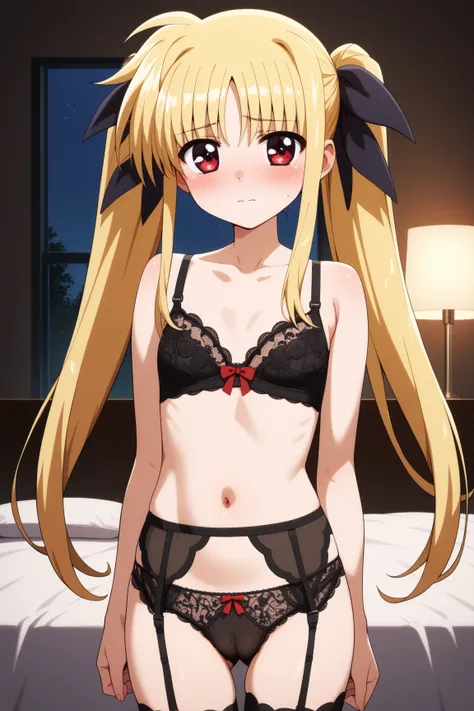 masterpiece,best quality,{{detailed beautiful face and eyes}}, very detailed background,
Fate Testarossa,{{{megami magazine}}},long hair,blonde hair,twintails,hair ribbons,black ribbons,red eyes,small breasts,
((black Lace Bra,black Lace Panties,black gart...