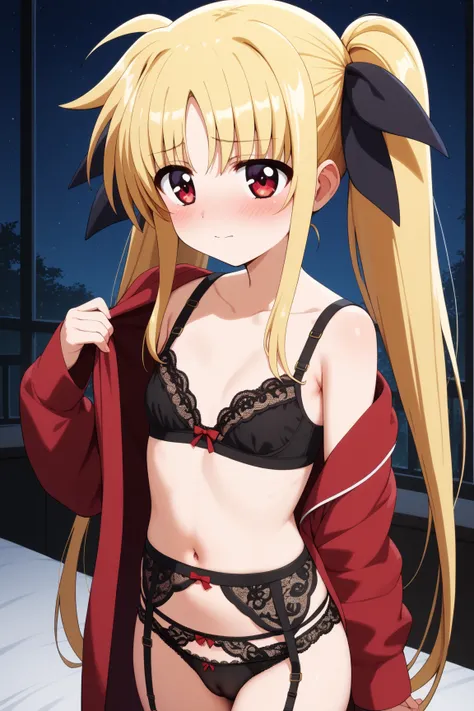 masterpiece,best quality,{{detailed beautiful face and eyes}}, very detailed background,
Fate Testarossa,{{{megami magazine}}},long hair,blonde hair,twintails,hair ribbons,black ribbons,red eyes,small breasts,
((black Lace Bra,black Lace Panties,black gart...