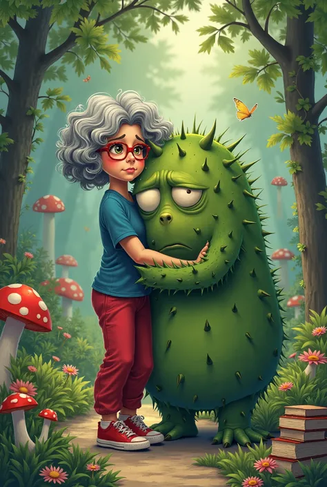  Create a picture of a woman with gray short curly hair and glasses with a red eyeglass frame on, She is wearing red sports pants and a blue SportliChest shirt,,She wears red sneakers with white laces,  you are hugging a big green prickly monster that is s...