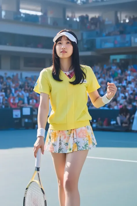 A young Japanese female tennis player is on a professional court, wearing a stylish sports outfit with a visor. She holds a tennis racket, ready to hit the ball with a focused expression. The background shows a large stadium with a cheering crowd. The scen...