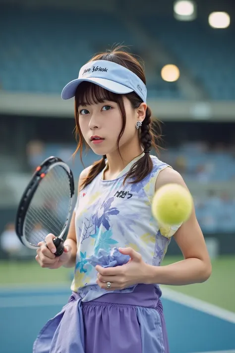 A young Japanese female tennis player is on a professional court, wearing a stylish sports outfit with a visor. She holds a tennis racket, ready to hit the ball with a focused expression. The background shows a large stadium with a cheering crowd. The scen...