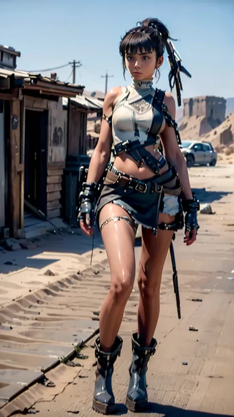 ( masterpiece,  Highest quality ), Eve.  full body,
dynamic pose.
Scenario in a post-apocalyptic desert.
She's walking .
 The scene is cinematic and dynamic.
Angle from behind like in third-person games.
Her outfit is a white tank top with a thin strap and...