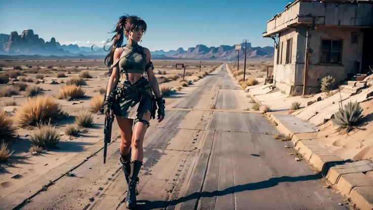 ( masterpiece,  Highest quality ), Eve.  full body,
dynamic pose.
Scenario in a post-apocalyptic desert.
She's walking .
 The scene is cinematic and dynamic.
Angle from behind like in third-person games.
Her outfit is a white tank top with a thin strap and...