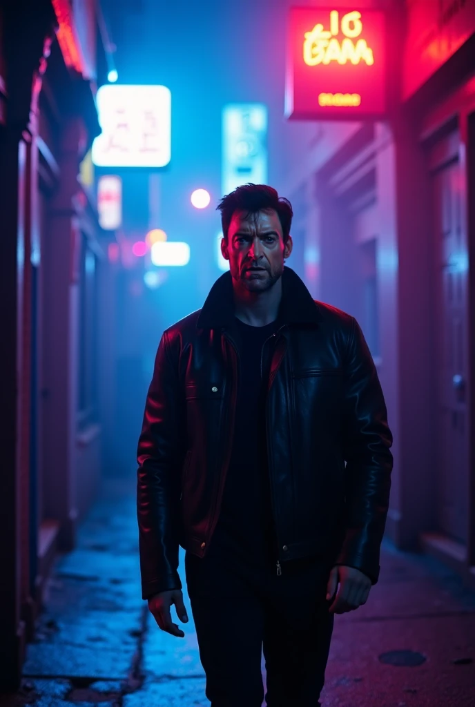  Dutch Plane  (Dutch Angle) with camera in hand ( Handheld Camera ),  mystery Logan walking slowly down a narrow alley illuminated by vibrant neon lights.  The plates flicker in shades of electric blue ,  red and purple,  reflecting off the wet sidewalk . ...