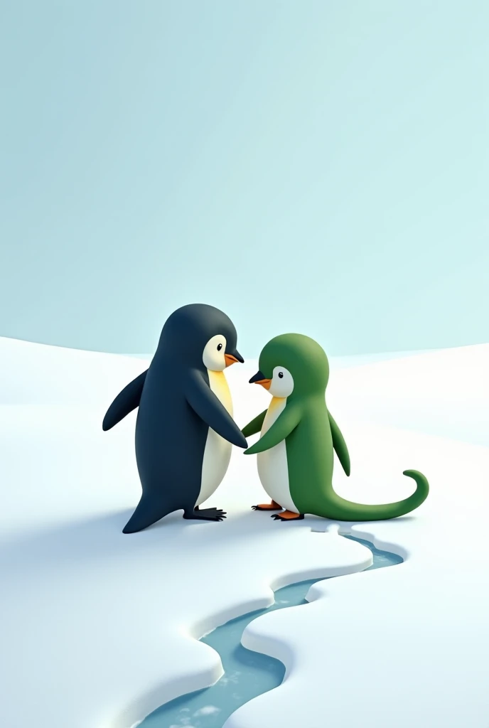 With newfound energy, the little cute penguin and the green snake set off together, an unlikely duo ready for new adventures. They huggeg each other.Their footprints and tail tracks blend in the snow, symbolizing a friendship that defies nature’s expectati...