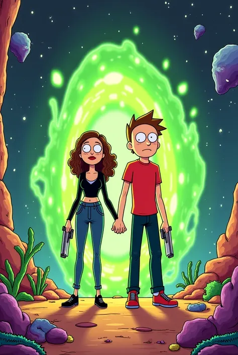 Great idea!  I'll create a detailed prompt so you can generate art in the style of  *Rick and Morty*  based on the couple in the second image .  

### **Prompt para IA (Midjourney, DALL·E , etc.):**  
*" Create an animation style illustration  *Rick and Mo...