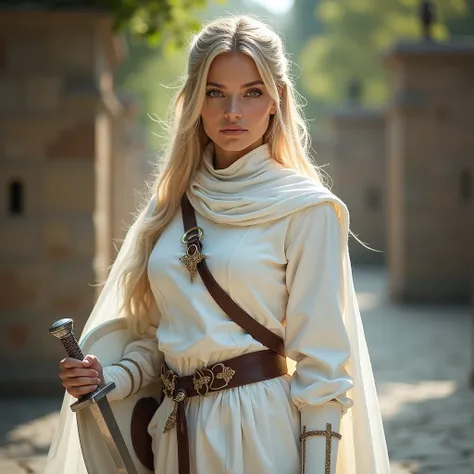 Armenian Female Adventurer, Full Body, (Masterpiece), Best Quality, High Definition, 4k, 8k, Detailed View, Intricate Details, Cinematic Lighting, Excellent Quality 1 Girl, Amber Eyes, Templars、Crusader Female Paladin, Pure White Armor、Blonde Hair、White Ou...