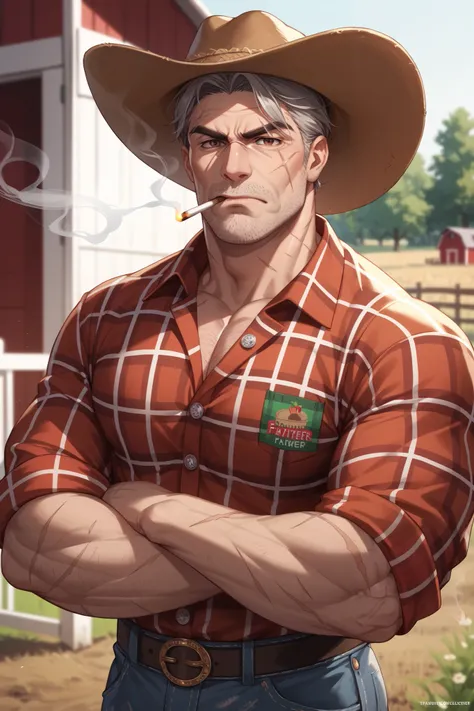 Farmer, flannel shirt, cowboy hat, mature man, gray hair, brown eyes, dilf, closed shirt, farm background, smoking, muscular, scars, dirty, tall, Looking at viewer, angry, wrinkles,