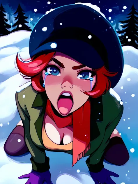 1girl, AnastasiaXLP, short hair, red hair, blue eyes, coat, scarf, hat, gloves, motion lines, curvy, medium breasts, looking at viewer, 
cute, solo, dutch angle, front, (((half buried in snow))), 
(((dark night))), (((clouds, heavy snowfall, snow))), (((Ne...