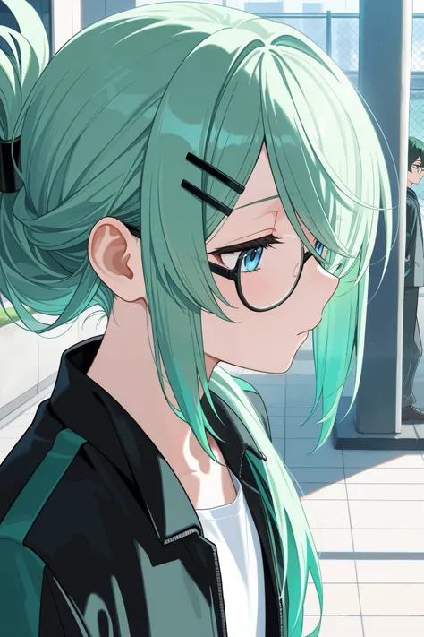  Masterpiece,  top quality,   great quality,  very aesthetic,  Hi-Res,  latest, hyper-detailed,  boy with neutral face , Bright green hair,  hair to hide one eye, Hair tied back,  blue eyes,  glasses, :THE, averting eyes,  character profile, Overlooking,  ...