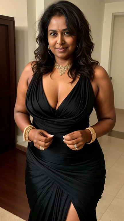 Naked South Indian milf, black skin, curvy body, sweaty body, dishevelled messy hair, wearing mangalsutra and bangles, drunk look, in revealing evening gown