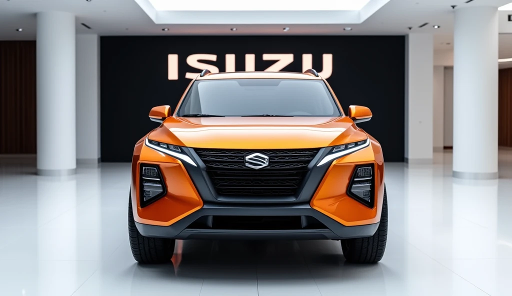 A captivating image of a 2025 ISUZU MU-X (4x4) SUV taking center stage in a luxurious white showroom. The futuristic, vibrant orange exterior gleams, showcasing its sleek, aerodynamic design and bold accents. A large logo on Back wall , metallic letters on...