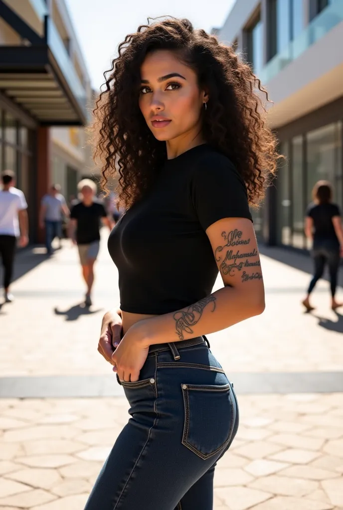 "Mid-adult woman, likely 25s, Middle Eastern Egyptian features, with a strikingly confident and alluring presence. She has voluminous, soft curly hair that frames her face beautifully, enhancing her natural beauty. Instead of the sweatshirt, she is now wea...