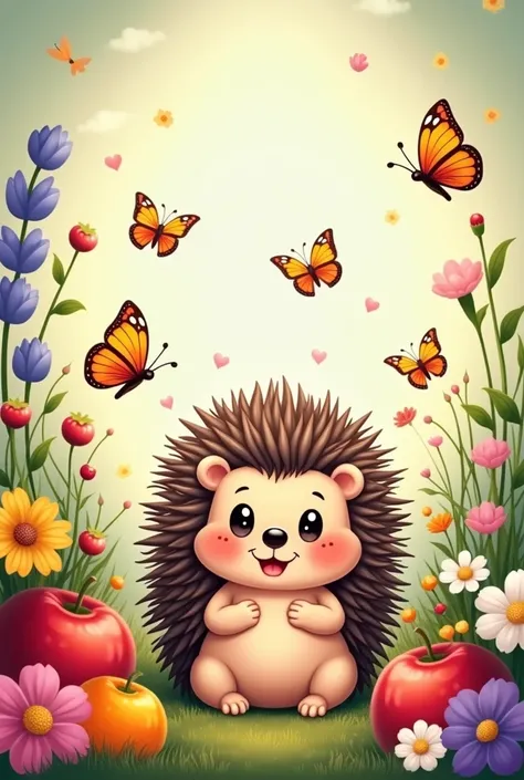 The image depicts a cute cartoon hedgehog surrounded by an assortment of colorful fruits and flowers, with butterflies flying around. The scene is vibrant and filled with a sense of joy and nature.